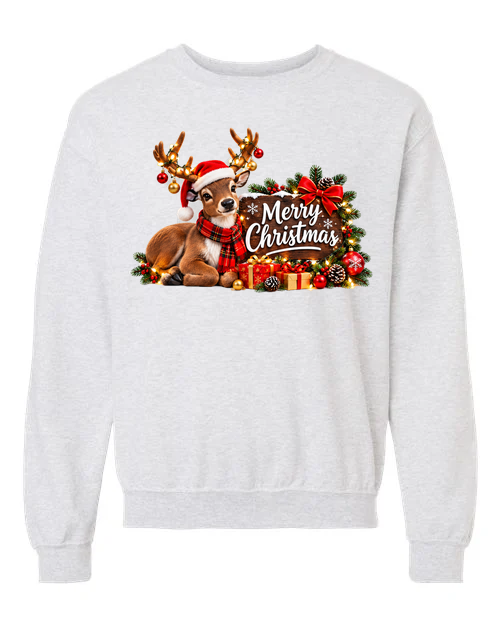 Cozy Reindeer Merry Christmas crewneck sweatshirt in ash