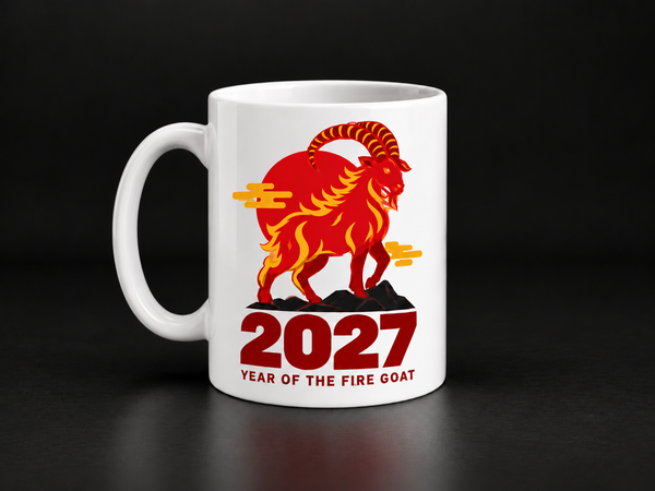 Black ceramic mug featuring the Fire Goat 2027 design.