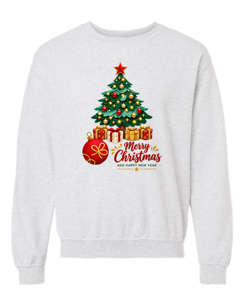 Merry Christmas Tree and Gifts crewneck sweatshirt in ash