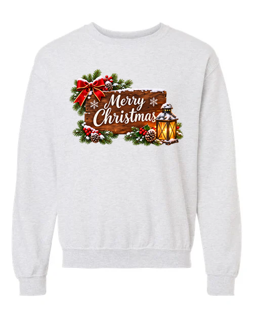 Rustic Merry Christmas Lantern crewneck sweatshirt in ash