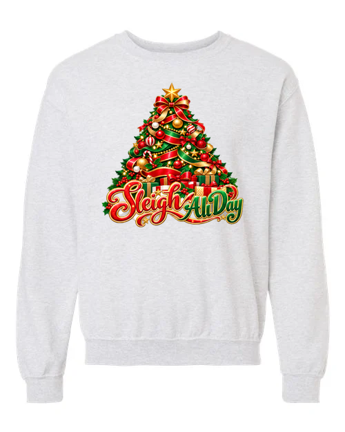 Sleigh All Day Christmas Tree crewneck sweatshirt in ash
