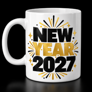 White mug with Bold black and gold New Year lettering with celebratory fireworks.
