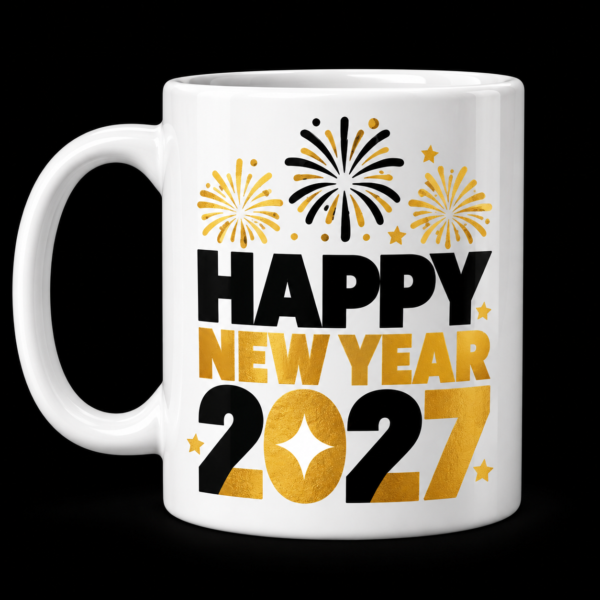 White mug with Happy New Year 2027 lettering with gold and black fireworks and sparkle accents.