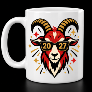 White mug with A red goat wearing 2027 sunglasses, accented with gold horns and festive sparkles.