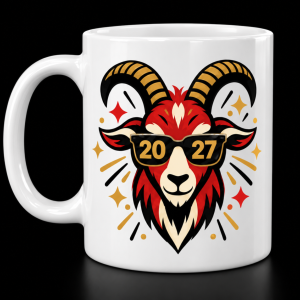 2027 Goat with Sunglasses Mug White mug with A red goat wearing 2027 sunglasses, accented with gold horns and festive sparkles.