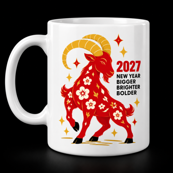 2027 Bigger Brighter Bolder Goat Mug White mug with A red floral goat with gold horns alongside New Year Bigger Brighter Bolder lettering.