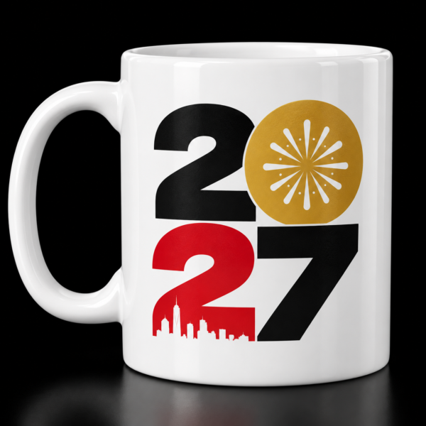 2027 Color Block Skyline Mug White mug with Oversized 2027 numerals in black, gold and red with a skyline detail.