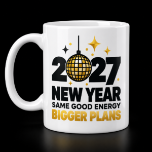 White mug with A gold disco ball paired with New Year Same Good Energy Bigger Plans lettering.