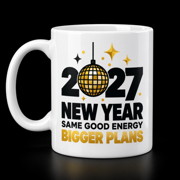 2027 Same Good Energy Bigger Plans Mug White mug with A gold disco ball paired with New Year Same Good Energy Bigger Plans lettering.