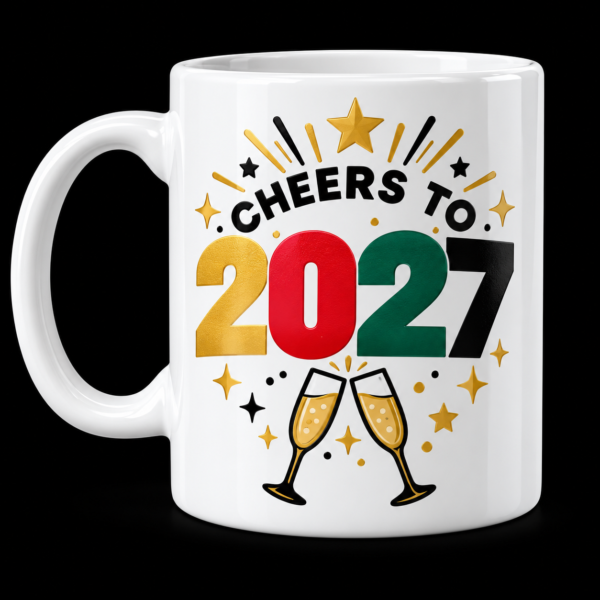 Cheers to 2027 Multicolor Mug White mug with Colorful 2027 lettering, champagne glasses and festive stars.
