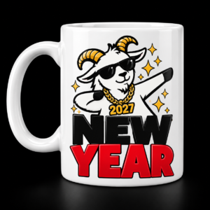 White mug with A playful goat in sunglasses striking a dab pose above bold New Year lettering.
