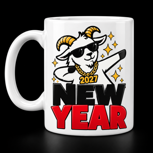2027 Dabbing Goat Mug White mug with A playful goat in sunglasses striking a dab pose above bold New Year lettering.