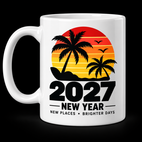 2027 New Places Brighter Days Mug White mug with Palm trees and a warm sunset with New Year New Places Brighter Days lettering.