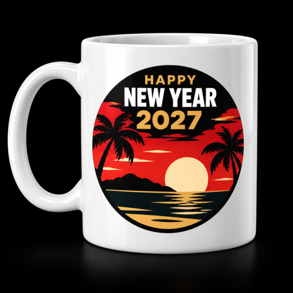 White mug with A tropical sunset with palm trees and Happy New Year 2027 lettering.