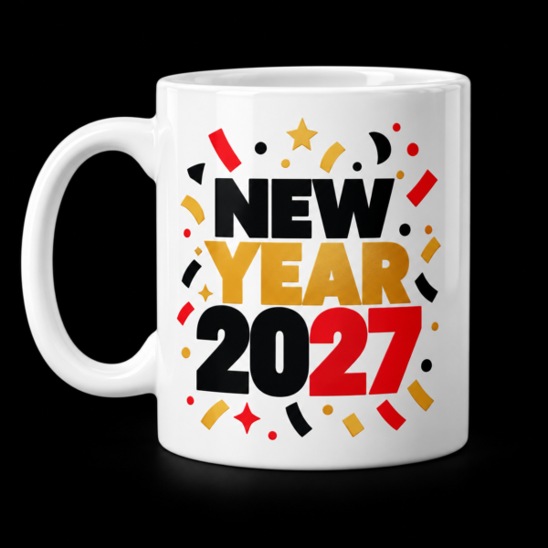New Year 2027 Confetti Mug White mug with Bold black, gold and red New Year 2027 lettering with scattered confetti.