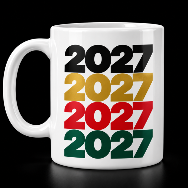 2027 Stacked Multicolor Mug White mug with Four stacked rows of 2027 in black, gold, red and green.