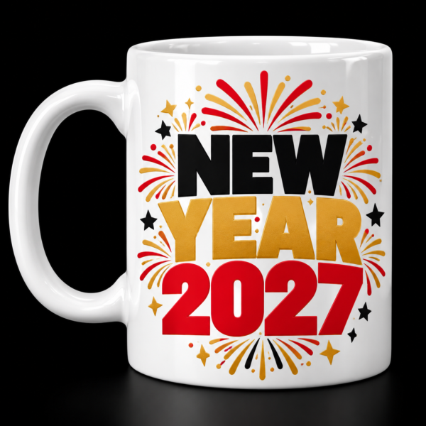White mug with Bold New Year 2027 lettering surrounded by red and gold fireworks.
