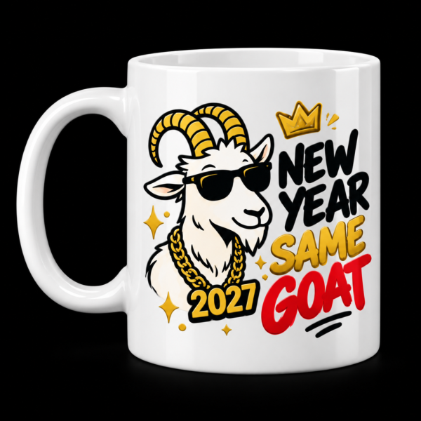 2027 New Year Same GOAT Mug White mug with A crowned goat in sunglasses with New Year Same GOAT lettering.