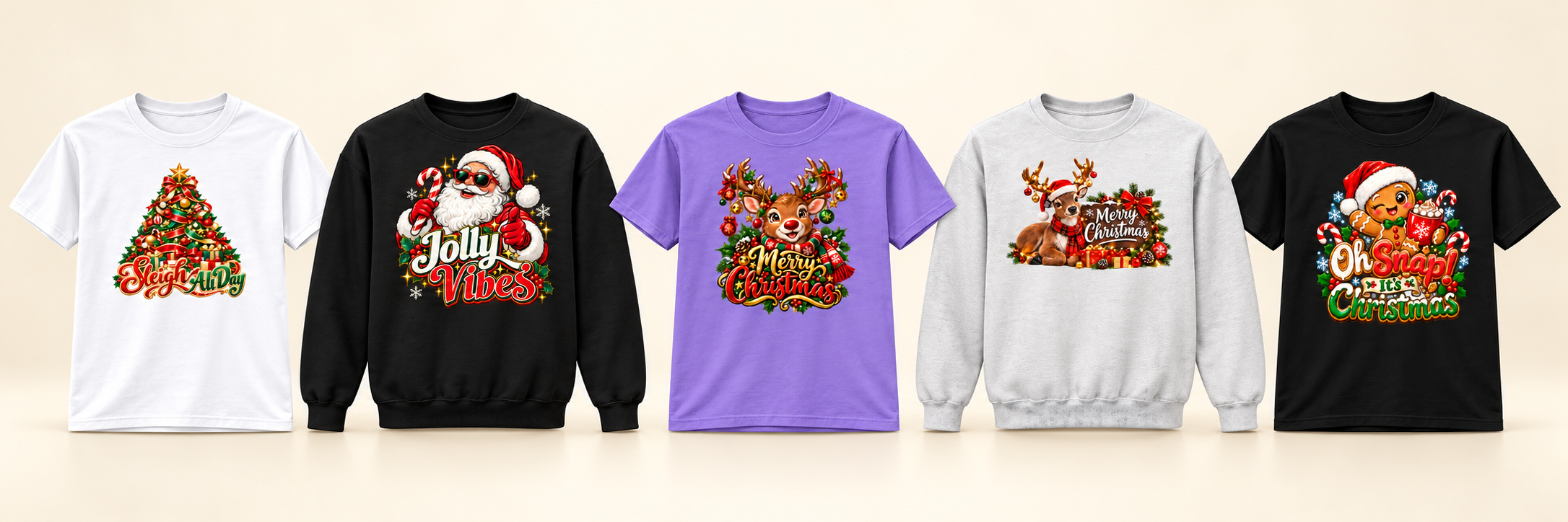 Christmas products in available colors: white, black and violet T-shirts, and ash and black crewneck sweatshirts.