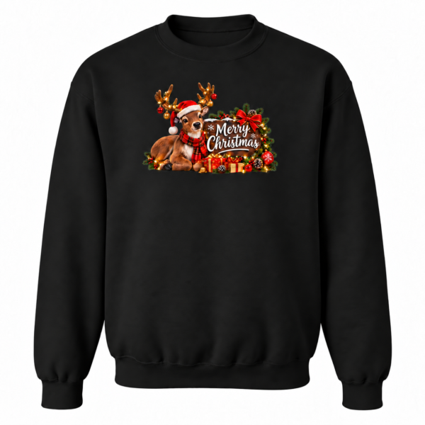 scp-cozy-black-tag-free Cozy Reindeer Merry Christmas design on a black crewneck sweatshirt