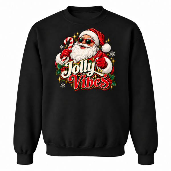 scp-jolly-black-tag-free Jolly Vibes Santa Christmas design on a black crewneck sweatshirt