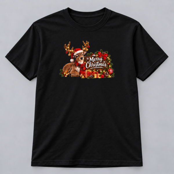 Cozy Reindeer Merry Christmas — black T-Shirt Cozy Reindeer Merry Christmas design with a 10-inch-wide chest print on a black T-shirt
