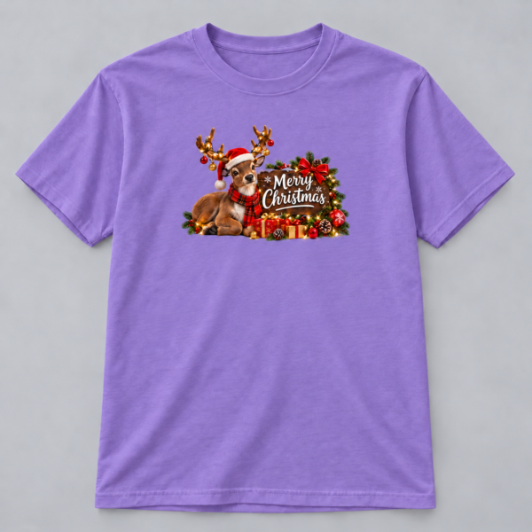 Cozy Reindeer Merry Christmas — violet T-Shirt Cozy Reindeer Merry Christmas design with a 10-inch-wide chest print on a violet T-shirt