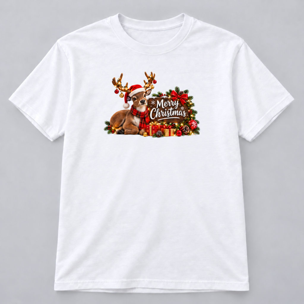 Cozy Reindeer Merry Christmas design with a 10-inch-wide chest print on a white T-shirt