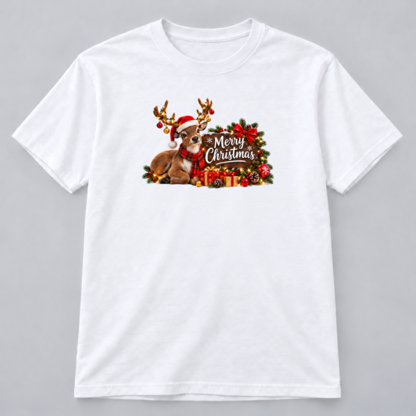 Cozy Reindeer Merry Christmas — white T-Shirt Cozy Reindeer Merry Christmas design with a 10-inch-wide chest print on a white T-shirt
