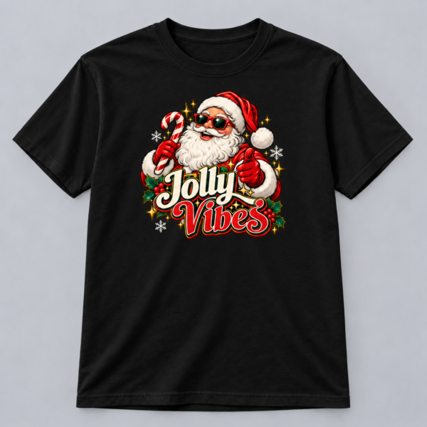 Jolly Vibes Santa — Black T-Shirt Jolly Vibes Santa design with a 10-inch-wide chest print on a black T-shirt