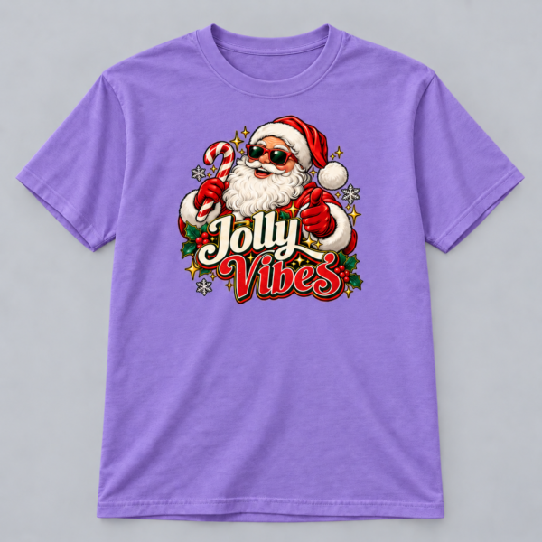Jolly Vibes Santa — Violet T-Shirt Jolly Vibes Santa design with a 10-inch-wide chest print on a violet T-shirt