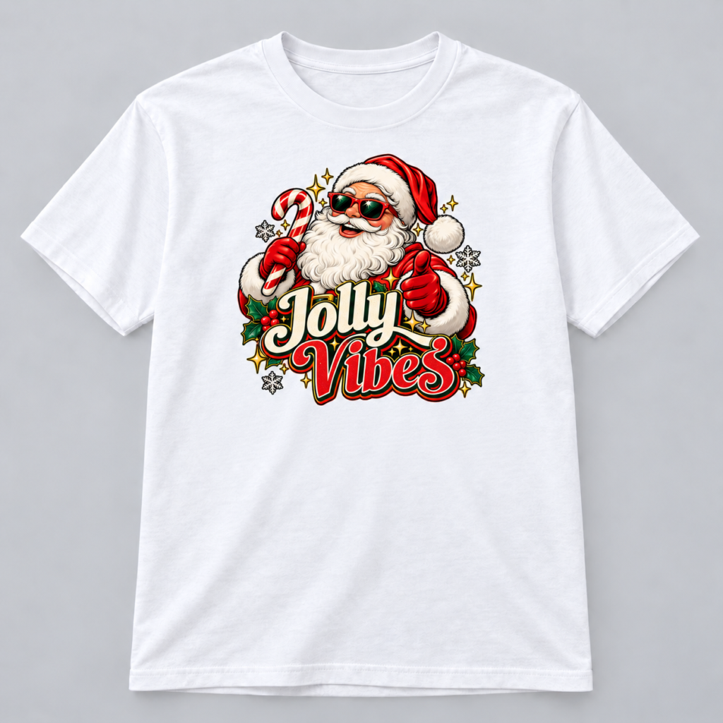 Jolly Vibes Santa design with a 10-inch-wide chest print on a white T-shirt