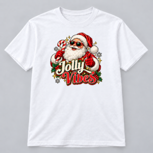 Jolly Vibes Santa ā White T-Shirt Jolly Vibes Santa design with a 10-inch-wide chest print on a white T-shirt