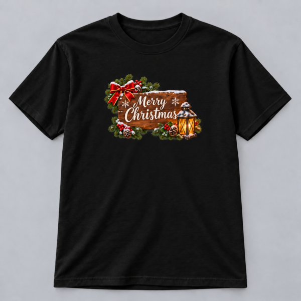 Rustic Merry Christmas Lantern — black T-Shirt Rustic Merry Christmas Lantern design with a 10-inch-wide chest print on a black T-shirt