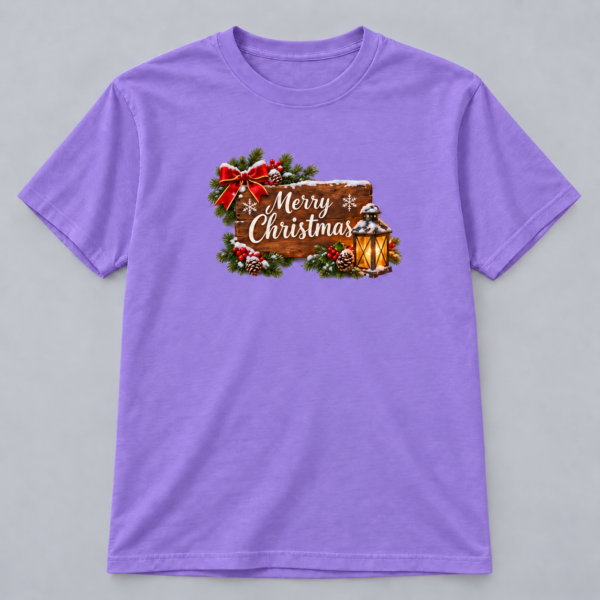 Rustic Merry Christmas Lantern — violet T-Shirt Rustic Merry Christmas Lantern design with a 10-inch-wide chest print on a violet T-shirt