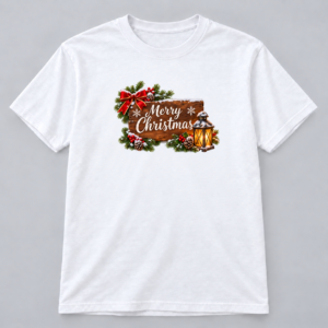 Rustic Merry Christmas Lantern ā white T-Shirt Rustic Merry Christmas Lantern design with a 10-inch-wide chest print on a white T-shirt