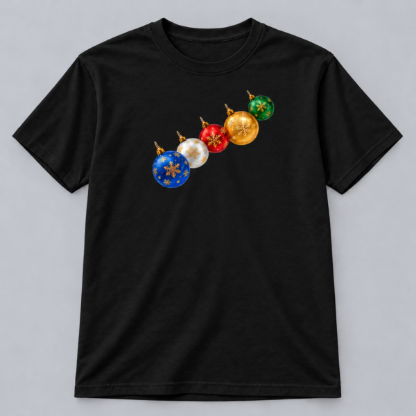 Festive Christmas Ornaments — Black T-Shirt Festive Christmas Ornaments design with a 10-inch-wide chest print on a black T-shirt