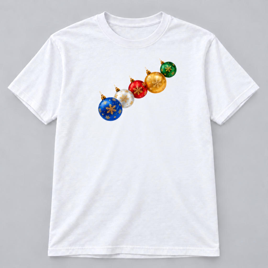 Festive Christmas Ornaments design with a 10-inch-wide chest print on a white T-shirt