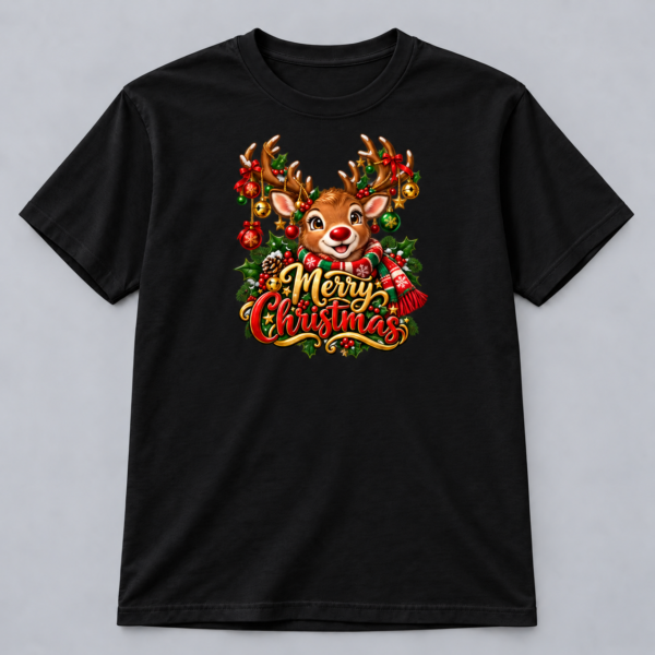 Festive Reindeer Merry Christmas — black T-Shirt Festive Reindeer Merry Christmas design with a 10-inch-wide chest print on a black T-shirt
