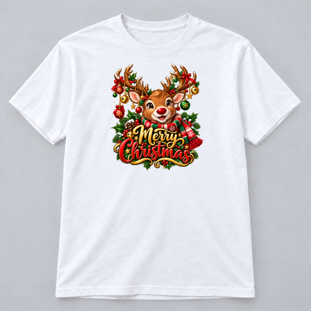 Festive Reindeer Merry Christmas design with a 10-inch-wide chest print on a white T-shirt