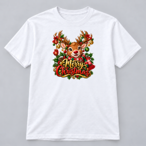 Festive Reindeer Merry Christmas design with a 10-inch-wide chest print on a white T-shirt
