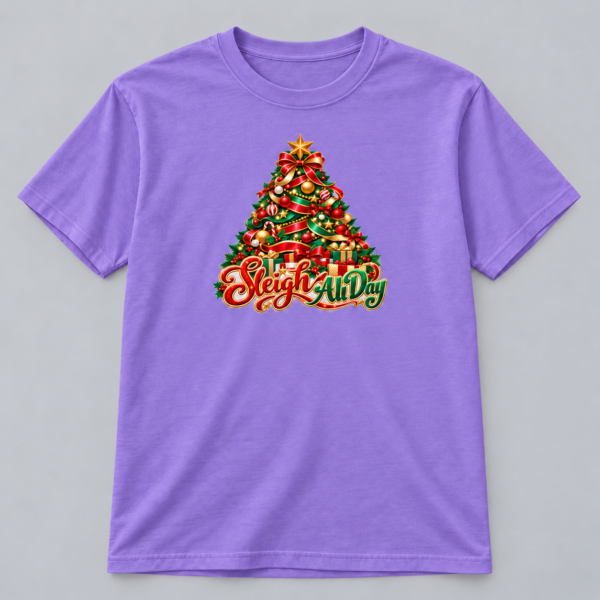 Sleigh All Day Christmas Tree — Violet T-Shirt Sleigh All Day Christmas Tree design with a 10-inch-wide chest print on a violet T-shirt