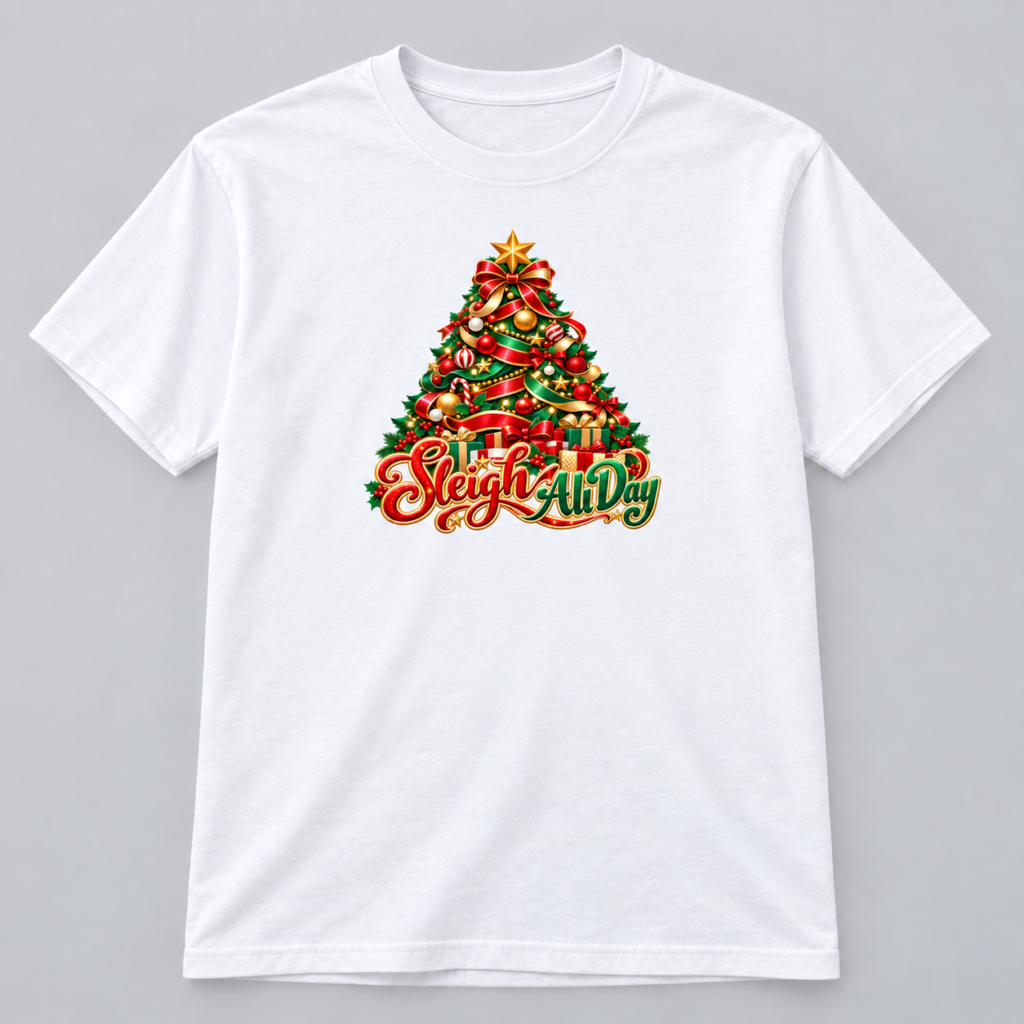 Sleigh All Day Christmas Tree design with a 10-inch-wide chest print on a white T-shirt