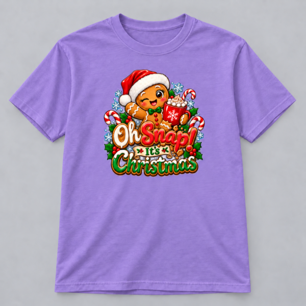 Oh Snap Gingerbread Christmas — violet T-Shirt Oh Snap Gingerbread Christmas design with a 10-inch-wide chest print on a violet T-shirt