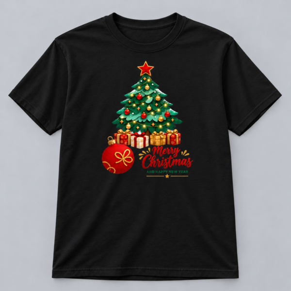 Merry Christmas Tree and Gifts — Black T-Shirt Merry Christmas Tree and Gifts design with a 10-inch-wide chest print on a black T-shirt