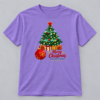 Merry Christmas Tree and Gifts — Violet T-Shirt Merry Christmas Tree and Gifts design with a 10-inch-wide chest print on a violet T-shirt