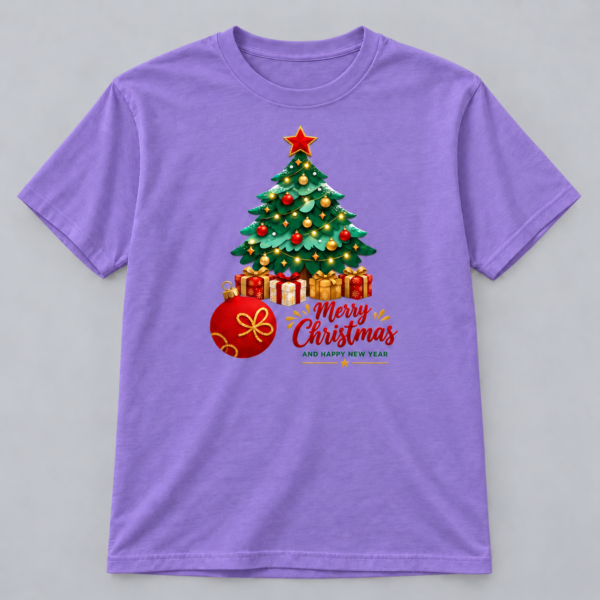 Merry Christmas Tree and Gifts — Violet T-Shirt Merry Christmas Tree and Gifts design with a 10-inch-wide chest print on a violet T-shirt