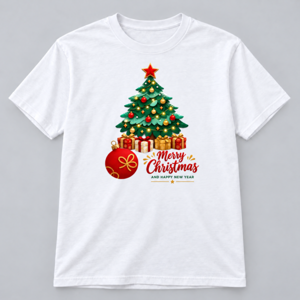 Merry Christmas Tree and Gifts — White T-Shirt Merry Christmas Tree and Gifts design with a 10-inch-wide chest print on a white T-shirt